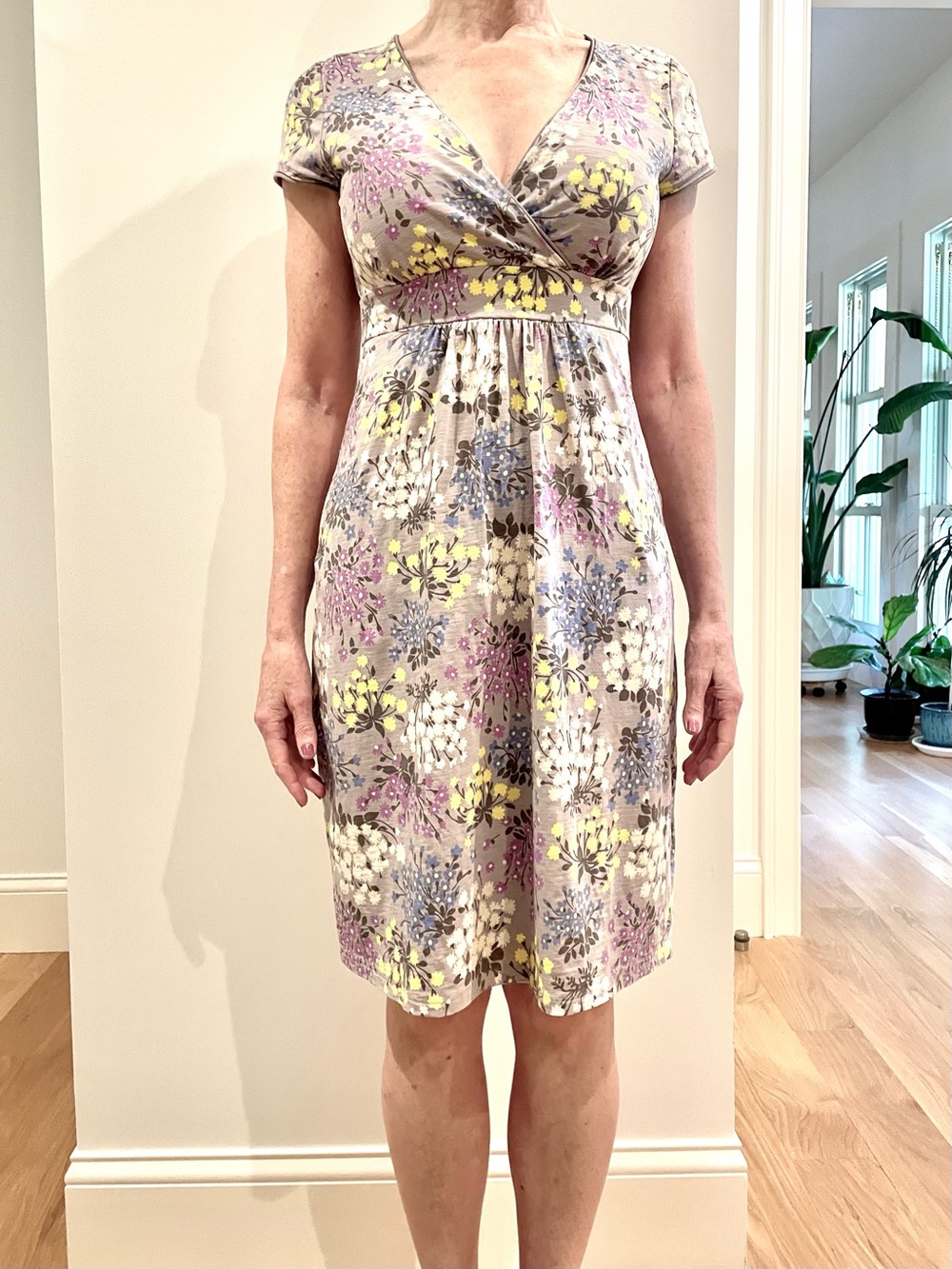 Boden Taupe Floral Midi Dress with Yellow & Purple Blooms